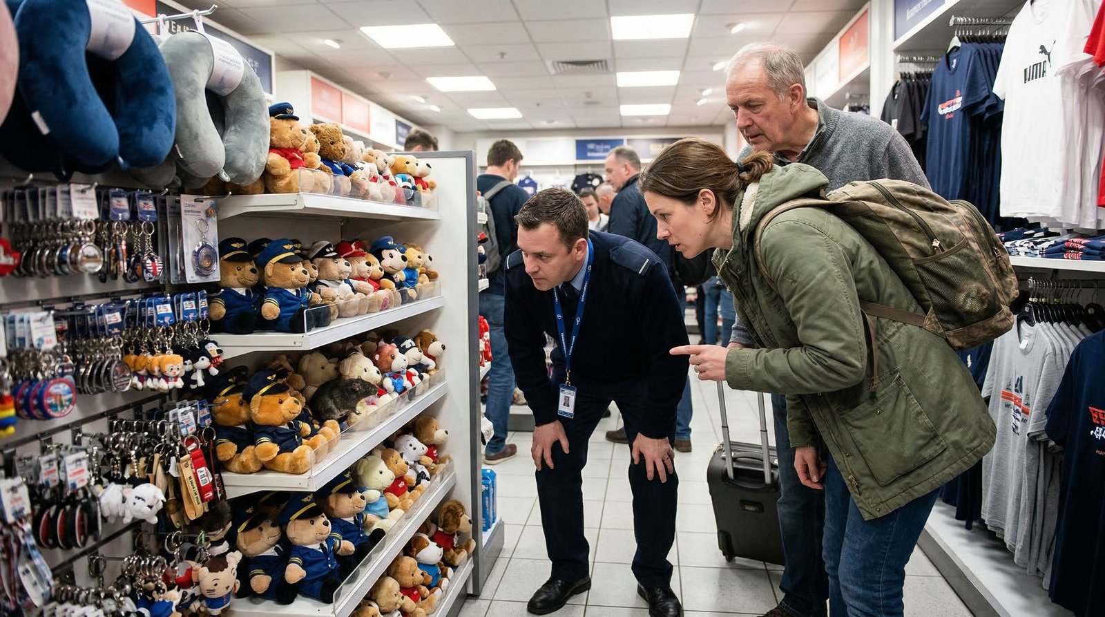 Un opossum sauvage se cache parmi les peluches d'un aéroport australien