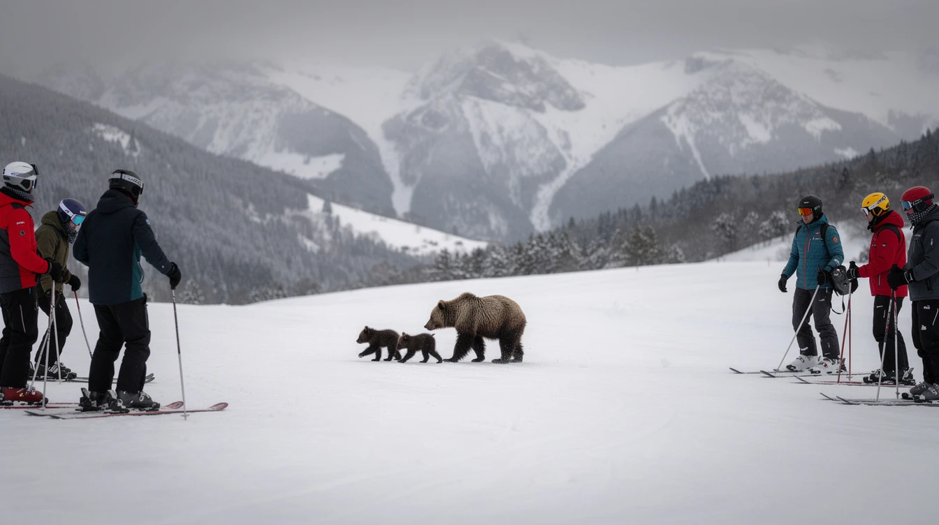 Une ourse et deux oursons traversent une piste de ski à Tavascan